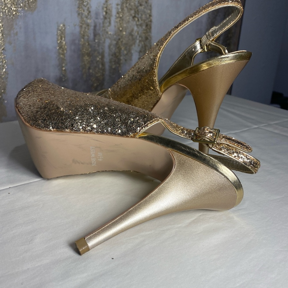 Nine West Women's Heels Glameron Gold Sparkle Metallic Slingback Size 6.5 ⭐️ - Picture 4 of 7